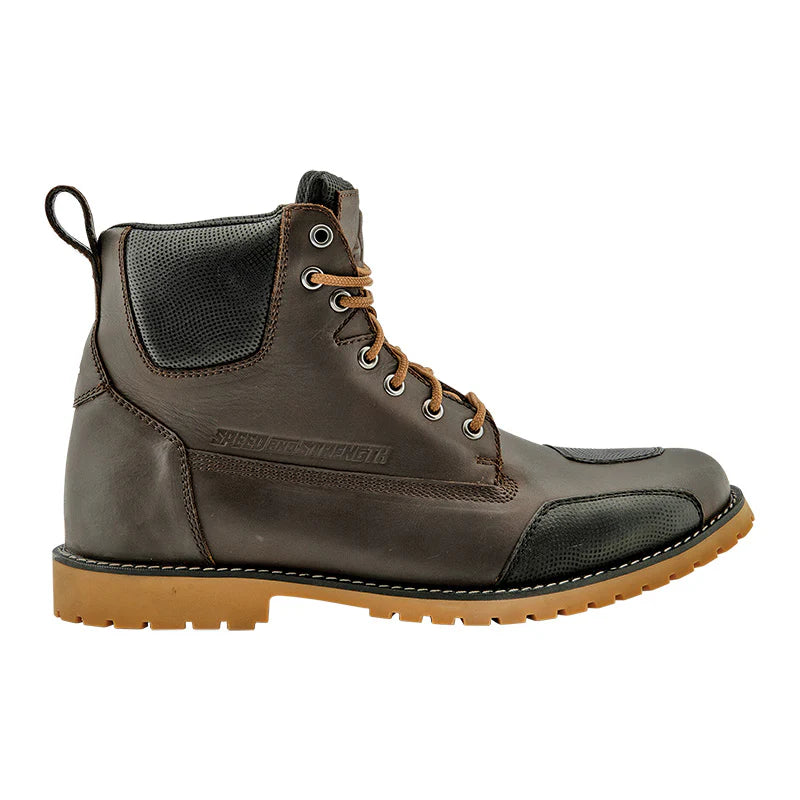 Side profile of the Speed and Strength CALL TO ARMS Motorcycle Boots in brown and black, showcasing premium leather construction, lace-up design, padded ankle collar, reinforced toe shift pad, heel pull loop, and rugged gum outsole. Built for motorcycle riders seeking classic styling, dependable protection, and lasting comfort for commuting and everyday riding.