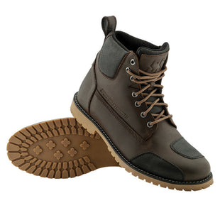 A pair of brown Speed and Strength Men's Call To Arms Motorcycle Boots with a lace closure and rubber outsole, designed for protection and durability.