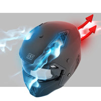 Helmet with blue and red energy effects on a gray background