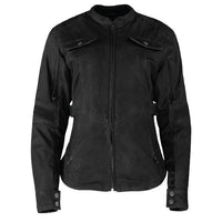 A black Speed and Strength FAST TIMES Women's Motorcycle Jacket  with a mandarin collar, zippered hand warmer pockets, chest pockets, and belt loops.