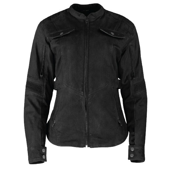 A black Speed and Strength FAST TIMES Women's Motorcycle Jacket  with a mandarin collar, zippered hand warmer pockets, chest pockets, and belt loops.
