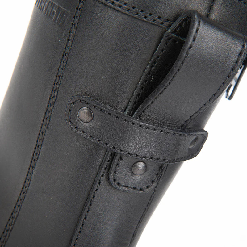 Speed and Strength Women's Fast Times Motorcycle Boot in black, mid calf height with laces on a white background