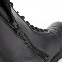 Speed and Strength Women's Fast Times Motorcycle Boot in black, mid calf height with laces on a white background