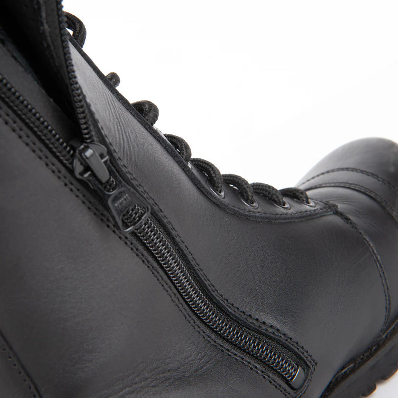 Speed and Strength Women's Fast Times Motorcycle Boot in black, mid calf height with laces on a white background