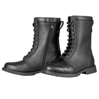 Speed and Strength Women's Fast Times Motorcycle Boot in black, mid calf height with laces on a white background