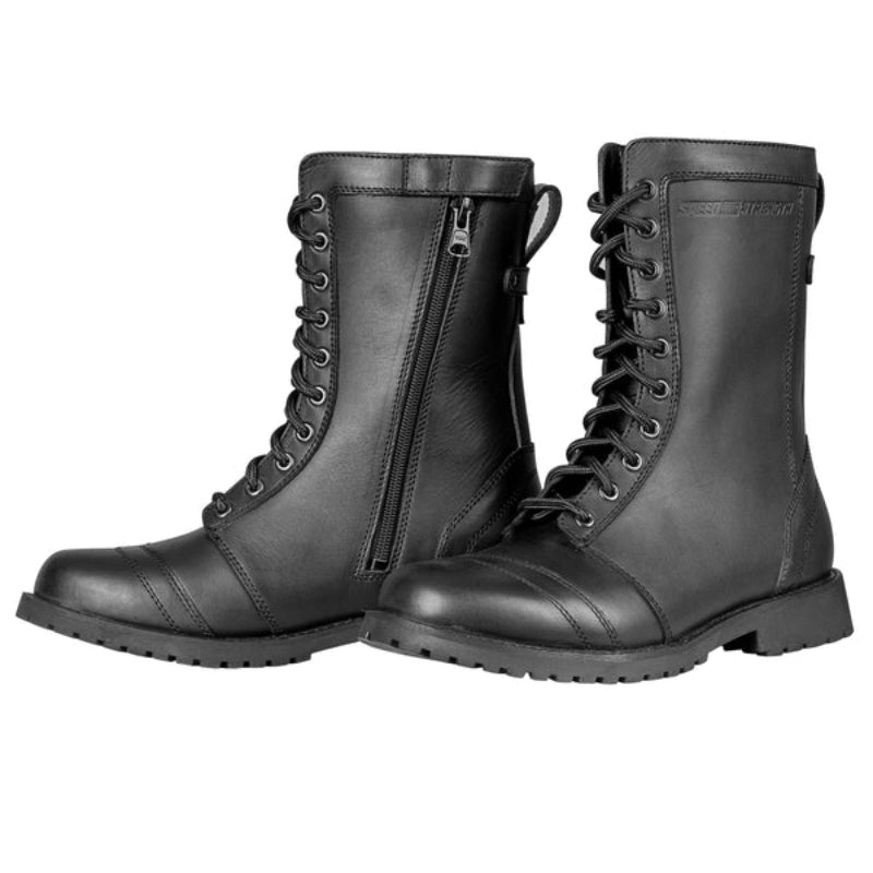 Speed and Strength Women's Fast Times Motorcycle Boot in black, mid calf height with laces on a white background