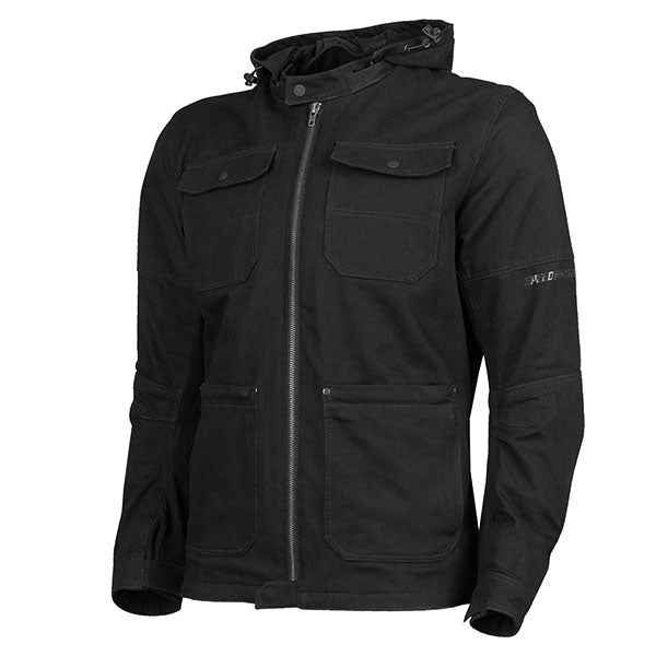 A black Speed and Strength Men's Dogs of War 2.0 motorcycle jacket with a hood, featuring multiple pockets and a zipper front.