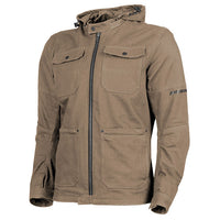 A beige Speed and Strength Men's Dogs of War 2.0 motorcycle jacket with a hood, featuring multiple pockets and a zipper front.