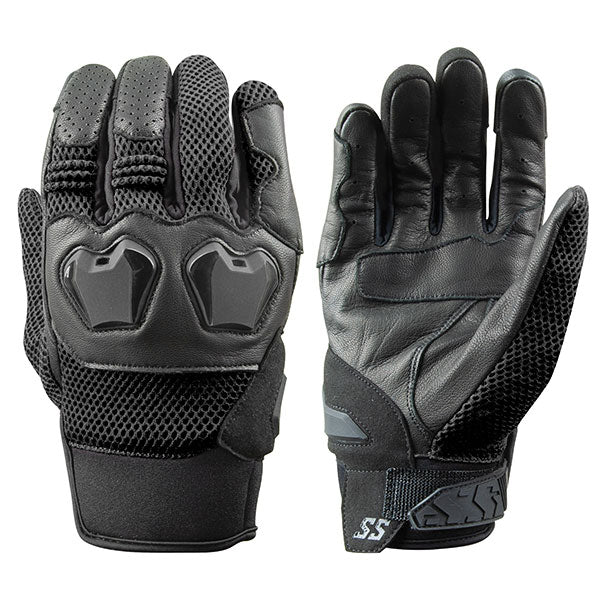 A pair of Speed and Strength Moment of Truth black motorcycle gloves with reinforced leather palm and hard knuckle protectors.