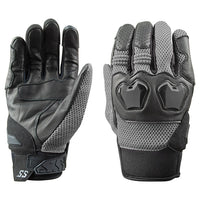 A pair Speed and Strength Moment of Truth grey and  black motorcycle gloves with reinforced leather palm and hard knuckle protectors.