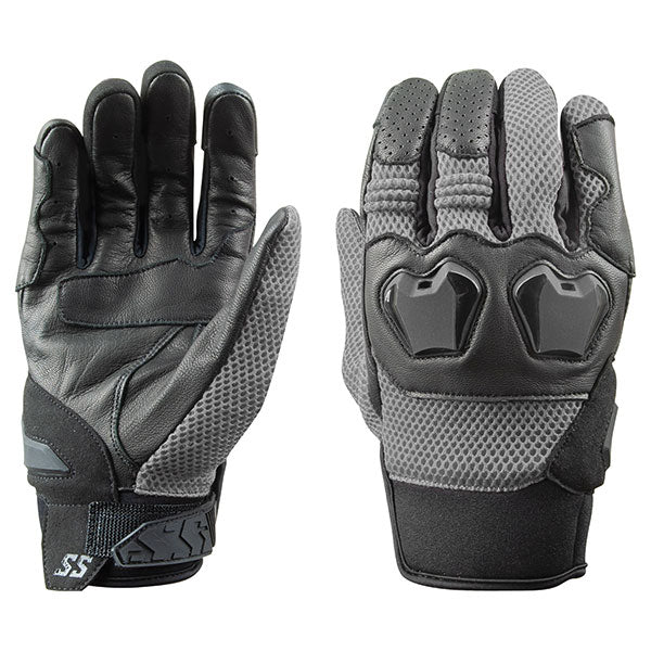 A pair Speed and Strength Moment of Truth grey and  black motorcycle gloves with reinforced leather palm and hard knuckle protectors.