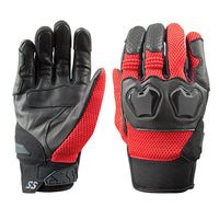 A pair of Speed and Strength Moment of Truth Red and black motorcycle gloves with reinforced leather palm and hard knuckle protectors.
