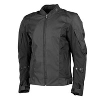 A black Speed and Strength Men's Moment of Truth Textile Jacket with a mandarin collar, zipper pockets, and adjustable sleeve straps.