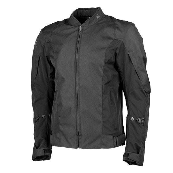 A black Speed and Strength Men's Moment of Truth Textile Jacket with a mandarin collar, zipper pockets, and adjustable sleeve straps.