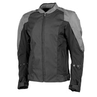A black and grey Speed and Strength Men's Moment of Truth Textile Jacket with a mandarin collar, zipper pockets, and adjustable sleeve straps.