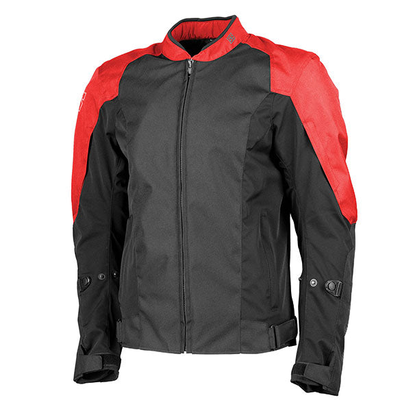 A black and red Speed and Strength Men's Moment of Truth Textile Jacket with a mandarin collar, zipper pockets, and adjustable sleeve straps.