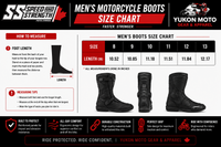 Speed and Strength Men's Motorcycle Boots Size Chart showing US sizes 8–13 with corresponding foot lengths in inches, step-by-step measuring instructions, fit tips, and boot reference images. Designed to help riders choose the correct size for Speed and Strength motorcycle boots for a comfortable, secure fit and optimal riding performance.