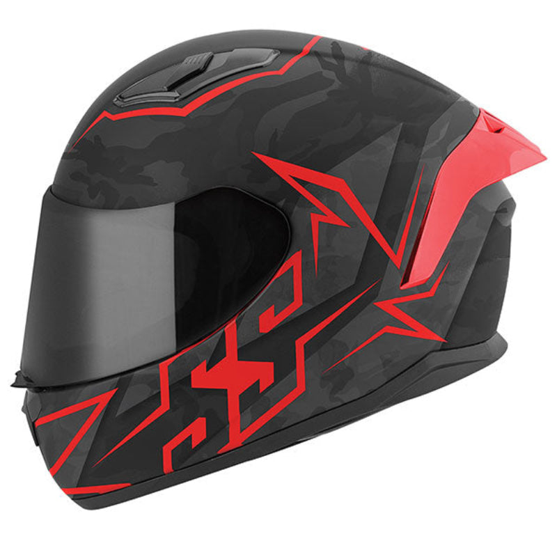 A full-face motorcycle helmet with a black and red color scheme and a clear visor.