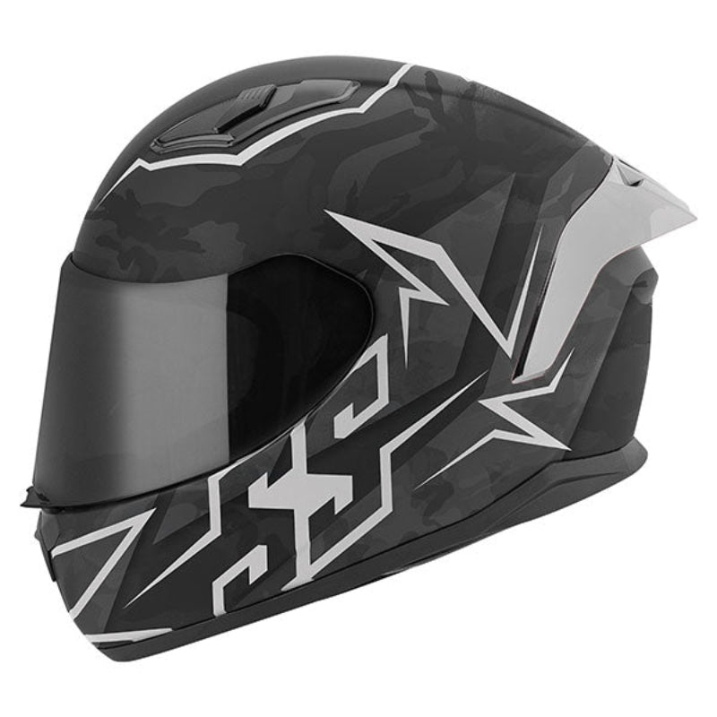 A full-face motorcycle helmet with a black and red color scheme and a clear visor.