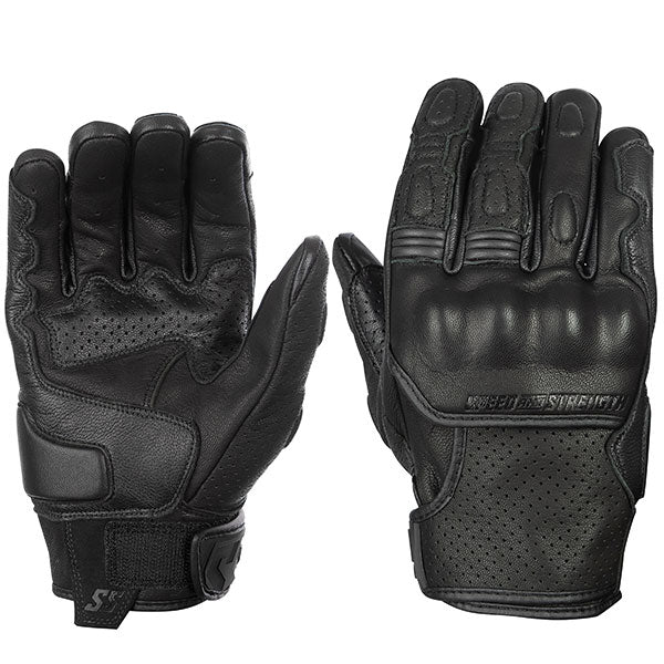 A pair of black Speed and Strength Twist of Fate leather gloves  in black with knuckle protectors and perforated panels.