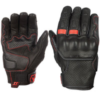 A pair of black with red accent Speed and Strength Twist of Fate leather gloves with knuckle protectors and perforated panels.