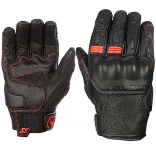 A pair of black with red accent Speed and Strength Twist of Fate leather gloves with knuckle protectors and perforated panels.