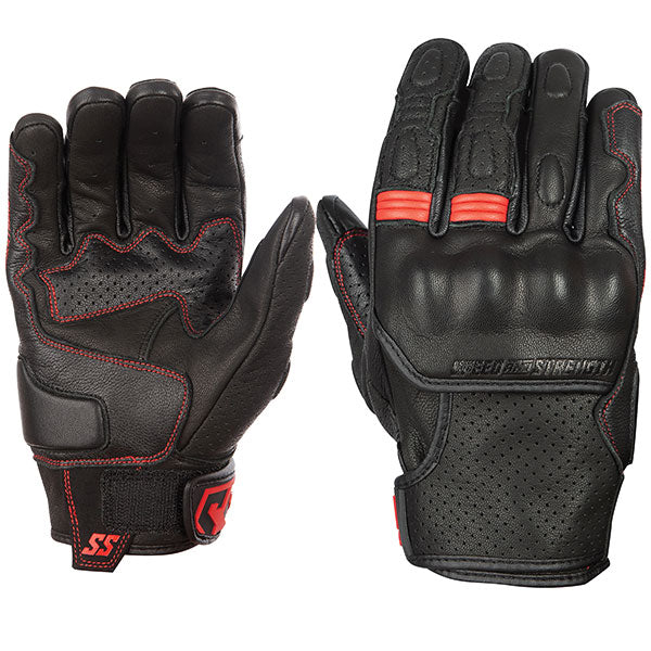 A pair of black with red accent Speed and Strength Twist of Fate leather gloves with knuckle protectors and perforated panels.