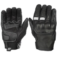 A pair of black with white accents Speed and Strength Twist of Fate leather gloves with knuckle protectors and perforated panels.