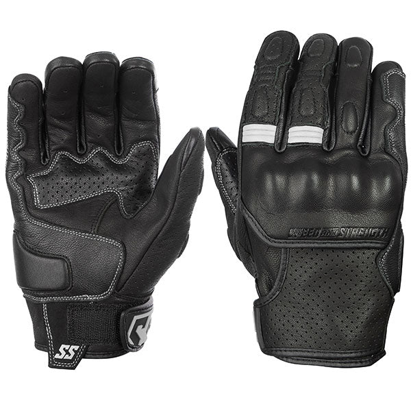 A pair of black with white accents Speed and Strength Twist of Fate leather gloves with knuckle protectors and perforated panels.