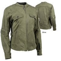 An Olive Speed and Strength FAST TIMES Women's Motorcycle Jacket  with a mandarin collar, zippered hand warmer pockets, chest pockets, and belt loops.