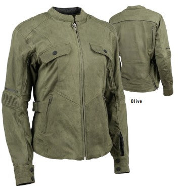 An Olive Speed and Strength FAST TIMES Women's Motorcycle Jacket  with a mandarin collar, zippered hand warmer pockets, chest pockets, and belt loops.
