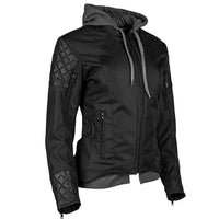 A black Speed and Strength women's textile motorcycle jacket with a hood, leather accents, and reflective trim.