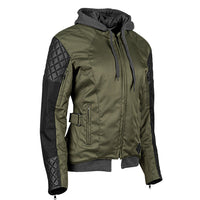 A n Olive green and black Speed and Strength women's textile motorcycle jacket with a hood, leather accents, and reflective trim.