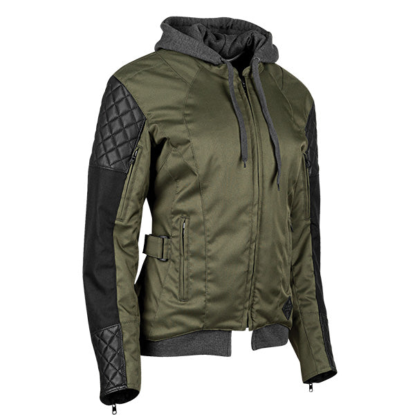 A n Olive green and black Speed and Strength women's textile motorcycle jacket with a hood, leather accents, and reflective trim.