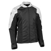 A black and white Speed and Strength women's textile motorcycle jacket with a Textile motorcycle jacket with a zippered front, shoulder and elbow protectors, and a collar.