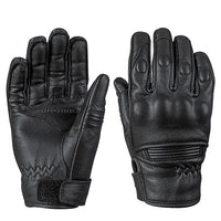 A pair of black leather motorcycle gloves with reinforced palm and knuckle protectors, touchscreen-compatible fingertips, and a hook and loop wrist closure.