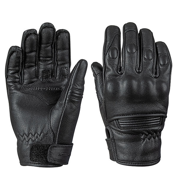 A pair of black leather motorcycle gloves with reinforced palm and knuckle protectors, touchscreen-compatible fingertips, and a hook and loop wrist closure.