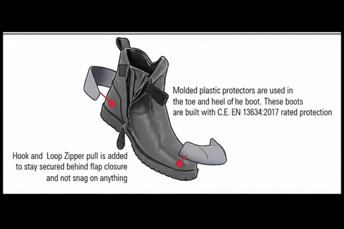 Black boot with molded plastic protectors and text on a white background