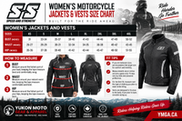 A size chart and fit guide for Speed and Strength Women's Motorcycle Jackets and Vests, featuring size tables from XS to 4XL with measurements for bust, waist, and hip, plus fit tips and model photos showing the jackets worn.