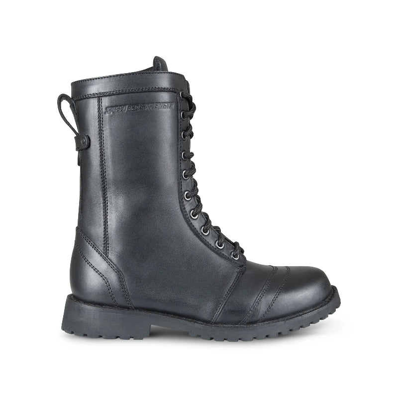 Speed and Strength Women's Fast Times Motorcycle Boot in black, mid calf height with laces on a white background