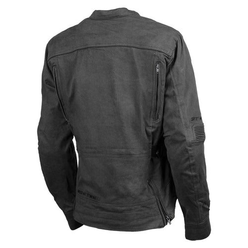 Back side view of a  black Speed and Strength FAST TIMES Women's Motorcycle Jacket  with a mandarin collar, zippered hand warmer pockets, chest pockets, and belt loops.