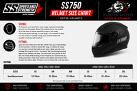 SS Speed and Strength SS750 helmet size chart with helmet image and text.