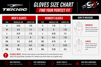 Gloves size chart for men and women with measurement guide, featuring Teknic and Yukon Moto Gear & Apparel logos.