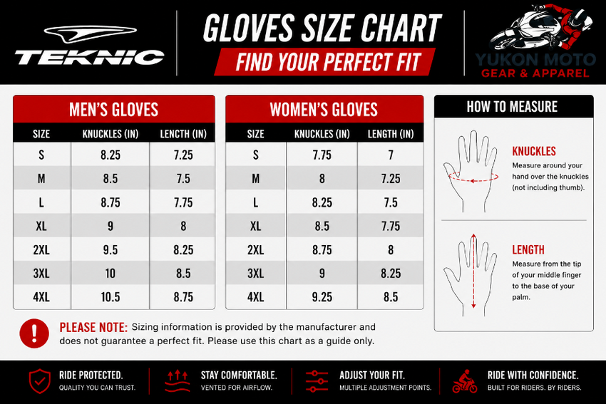 Gloves size chart for men and women with measurement guide, featuring Teknic and Yukon Moto Gear & Apparel logos.