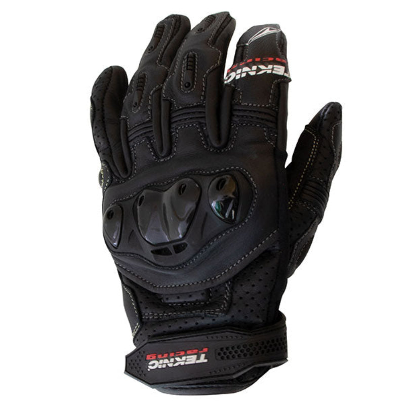 A black Teknic motorcycle glove featuring knuckle protection and vented design.