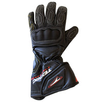 A black Teknic long chicane street glove with vented molded knuckle protection and safety wrap pinkie, designed for abrasion resistance and cooling.