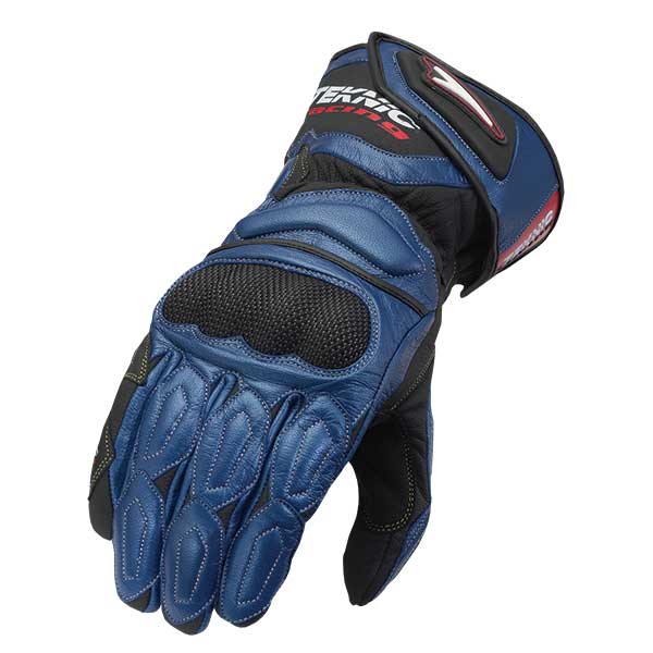 A blue and black Teknic long chicane street glove with vented molded knuckle protection and safety wrap pinkie, designed for abrasion resistance and cooling.