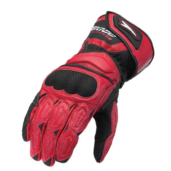 A red and black Teknic long chicane street glove with vented molded knuckle protection and safety wrap pinkie, designed for abrasion resistance and cooling.