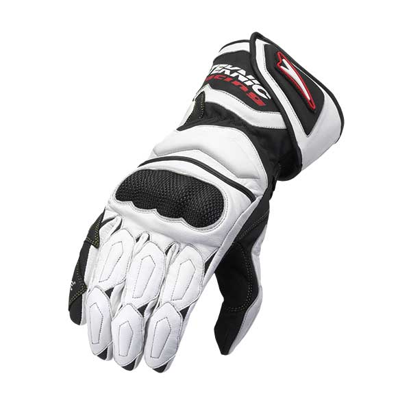 A white and black Teknic long chicane street glove with vented molded knuckle protection and safety wrap pinkie, designed for abrasion resistance and cooling.