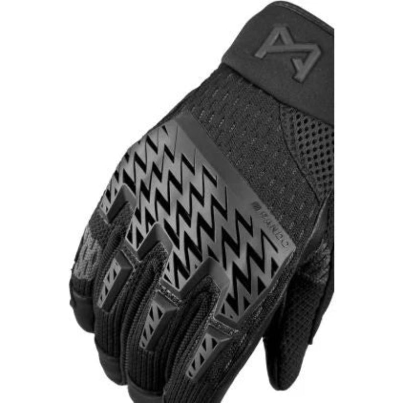 Black tactical glove with a geometric pattern on a white background